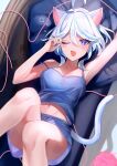  1girl ;d animal_ears arm_up armpits bare_arms bare_shoulders blue_eyes blue_hair blue_shorts camisole cat_ears cat_tail commentary_request fang feet_out_of_frame furina_(genshin_impact) genshin_impact hand_up highres kemonomimi_mode kmes_niku looking_at_viewer lying midriff navel on_back one_eye_closed open_mouth short_hair shorts skin_fang smile solo spaghetti_strap strap_slip tail thighs 