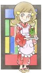  1girl 5-volt apron blush brown_eyes brown_hair drink floral_print holding holding_tray japanese_clothes long_hair looking_at_viewer official_art pink_apron smile takeuchi_kou third-party_source tray warioware warioware:_get_it_together! 