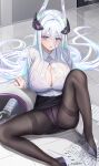  1girl alternate_costume artist_request azur_lane black_pantyhose blush breasts center_opening cleavage hair_between_eyes hair_ornament highres kearsarge_(azur_lane) knee_up large_breasts legs long_sleeves multicolored_hair office_lady open_mouth panties panties_under_pantyhose pantyhose purple_eyes spill spread_legs thighband_pantyhose underwear wet wet_clothes white_hair 