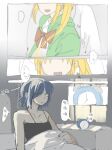  2girls alarm_clock angel_wings bedroom black_camisole blonde_hair blue_hair bocchi_the_rock! bow bowtie camisole chinese_text clock collared_shirt commentary_request green_jacket highres ijichi_nijika indoors jacket multiple_girls on_bed open_mouth parted_lips red_bow red_bowtie shirt short_hair side_ponytail smile speech_bubble sweat translation_request under_covers waking_up white_shirt window wings yamada_ryo yanlingjinshilihuahua yellow_eyes 