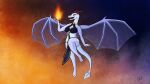 anthro cansinodx cleavage_cutout dragon european_mythology female fire gold_(metal) gold_jewelry hi_res horn jewelry mythological_creature mythological_scalie mythology pointed_tail raised_arm scalie solo spread_wings tail western_dragon white_body wings