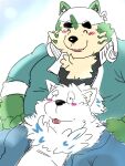 anthro blep blush canid canine canis clothing domestic_dog duo electronics eyebrows fur green_body green_fur headphones headphones_around_neck jumpsuit lifewonders live_a_hero male male/male mammal mikesiva mokdai overweight smile thick_eyebrows tongue tongue_out white_body white_fur yohack