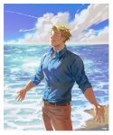  1boy beach belt blonde_hair blue_shirt brown_belt closed_eyes cloud collared_shirt commentary grey_pants highres jujutsu_kaisen male_focus nanami_kento ocean outdoors outstretched_arms pants parted_lips sand shirt short_hair smile solo standing teeth todo269 upper_teeth_only 