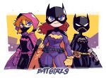  3girls absurdres animification barbara_gordon batgirl batman_(series) belt black_cape blonde_hair blue_eyes bodysuit boots breasts cape cassandra_cain clenched_hand clenched_hands closed_mouth dc_comics emblem flat_color frown full_body gloves highres hood hooded_cape long_hair looking_at_viewer mask midair multiple_girls purple_cape purple_gloves rariatto_(ganguri) red_hair solo spoiler_(dc) stephanie_brown superhero twitter_username utility_belt yellow_background 