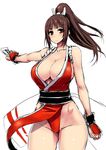  bad_proportions blush breasts brown_eyes brown_hair cleavage closed_fan fan fatal_fury folding_fan groin highleg highleg_panties ishimiso_(ishimura) japanese_clothes large_breasts long_hair no_bra panties pelvic_curtain ponytail revealing_clothes shiranui_mai solo the_king_of_fighters underwear wide_hips 