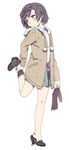  3: ankle_grab bandaid black_hair braid brown_eyes cardigan frilled_legwear frilled_skirt frills full_body holding_socks leg_up mattaku_mousuke original pom_pom_(clothes) shoe_dangle simple_background single_sock skirt socks solo tears white_background 