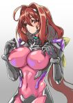  1girl ahoge arms_up black_gloves bodysuit breasts covered_navel fortified_suit from_side frown gloves gonrikiya hair_intakes hair_ribbon highres kagami_sumika large_breasts long_hair looking_ahead muv-luv muv-luv_alternative pilot_suit pink_bodysuit red_eyes red_hair ribbon skin_tight solo very_long_hair yellow_ribbon 
