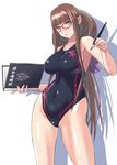  aoki_hagane_no_arpeggio book brown_hair competition_swimsuit fountain_pen glasses hiei_(aoki_hagane_no_arpeggio) highres long_hair low_ponytail nenchi one-piece_swimsuit pen ponytail standing swimsuit very_long_hair yellow_eyes 