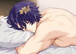  1boy blue_hair closed_eyes closed_mouth dr._ratio_(honkai:_star_rail) hair_between_eyes hair_ornament highres honkai:_star_rail honkai_(series) male_focus nude on_bed pillow short_hair sleeping solo stars4993 toned toned_male 