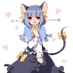  :d animal_ears blush bow bowtie capelet dress heart kozakura_(dictionary) looking_at_viewer mouse_ears mouse_tail nazrin nervous open_mouth skirt skirt_tug smile solo tail tail_bow touhou 