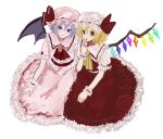  2girls ascot bat_wings blonde_hair blue_hair crystal_wings flandre_scarlet from_above full_body hat hat_ribbon highres looking_at_viewer looking_up medium_hair mob_cap multiple_girls open_mouth red_ascot red_eyes red_ribbon remilia_scarlet ribbon simple_background touhou user_kzpz2854 white_background wings yellow_ascot 