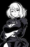  1girl 2b_(nier:automata) black_background breasts cleavage cleavage_cutout clothing_cutout commentary crossed_arms dress english_commentary gloves hairband highres johncaden large_breasts limited_palette looking_at_viewer nier:automata nier_(series) parted_lips short_hair simple_background solo spot_color upper_body 