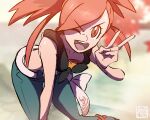  1girl ;d bare_shoulders bent_over black_shirt blue_pants blurry blurry_background crop_top flannery_(pokemon) highres kyonart long_hair looking_at_viewer one_eye_closed pants pokemon pokemon_oras red_eyes red_hair shirt sleeveless sleeveless_shirt smile solo teeth upper_teeth_only v 