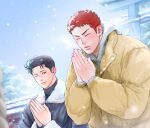  2boys black_hair closed_eyes coat cold day looking_at_another male_focus mito_youhei multiple_boys nongnol234 one_eye_closed outdoors own_hands_together pompadour praying red_hair sakuragi_hanamichi short_hair shrine slam_dunk_(series) snow snowing upper_body winter winter_clothes winter_coat 