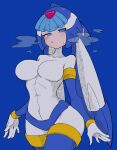  1girl absurdres android blue_eyes blush bodysuit breasts buzzlyears clothes_lift covered_navel crop_top fairy_leviathan_(mega_man) forehead_jewel heavy_breathing helmet highres large_breasts looking_at_viewer mega_man_(series) mega_man_zero_(series) shirt_lift solo white_bodysuit 