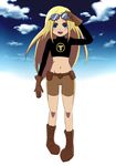  1girl bike_shorts blonde_hair blue_eyes boots dc_comics gloves goggles goggles_on_head long_sleeves midriff shorts smile solo teen_titans terra_(dc) 
