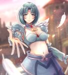  .hack// 1girl angel_wings blue_bra blue_hair blue_skirt blue_sleeves blurry blurry_background blush bob_cut bra breasts brooch brown_eyes city cleavage commentary depth_of_field detached_collar detached_sleeves dusk facial_mark feathered_wings feathers foreshortening highres jewelry light_particles medium_breasts midriff mononoke-matsuri navel parted_bangs parted_lips pink_sky puffy_short_sleeves puffy_sleeves reaching reaching_towards_viewer short_hair short_sleeves skirt sky smile solo spread_fingers standing subaru_(.hack//) sunset underwear upper_body white_feathers white_wings wings 