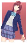  1girl absurdres blue_bow blue_bowtie blue_jacket blue_skirt border bow bowtie collared_shirt commentary commentary_request cropped_legs highres jacket leaning_to_the_side long_sleeves looking_at_viewer love_live! love_live!_school_idol_project medium_hair nishikino_maki open_clothes open_jacket otonokizaka_school_uniform outside_border pleated_skirt purple_eyes red_background red_hair s_sho_mkrn school_uniform shirt sidelocks skirt smile solo striped_bow striped_bowtie striped_clothes upper_body white_border white_shirt winter_uniform 