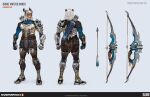  1boy armor arrow_(projectile) bow_(weapon) character_name clenched_hands concept_art copyright_name emirriart english_commentary english_text hanzo_(overwatch) highres logo male_focus official_alternate_costume official_art overwatch overwatch_1 overwatch_2 short_hair simple_background solo weapon white_hair 