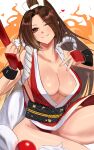  1girl blush breasts brown_hair cleavage dan_koflove fatal_fury fire hair_ribbon hand_fan heart highres holding holding_fan large_breasts ninja one_eye_closed ribbon shiranui_mai smile solo the_king_of_fighters white_background white_ribbon 