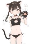  1girl :3 absurdres animal_ear_fluff animal_ears animal_hands animal_print arm_behind_back artist_name bare_arms bare_shoulders bell black_bra black_choker black_eyes black_hair black_panties blunt_bangs bra cat_ears cat_lingerie cat_panties cat_print cat_tail choker collarbone commentary cowboy_shot dot_nose flat_chest frilled_bra frills gloves hand_up highres jingle_bell light_blush lingerie long_hair looking_at_viewer m_ydayo meme_attire navel neck_bell nyan original panties paw_gloves print_panties side-tie_panties simple_background smile solo stomach tail twintails twitter_username underwear underwear_only white_background 