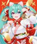  1girl animal_ears apron bell blue_eyes blue_hair bow cat_ears fang gold hair_bow hatsune_miku heterochromia highres japanese_clothes koban_(gold) long_hair long_sleeves masumofu neck_bell obi open_mouth paw_pose paw_print pink_eyes red_background sash skin_fang smile solo twintails very_long_hair vocaloid 