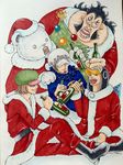  4boys bear bepo christmas hat heart_pirates highres jean_bart multiple_boys one_piece penguin_(one_piece) santa_costume santa_suit shachi_(one_piece) sitting trafalgar_law 