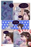 &lt;3 bastriw brown_eyes canid canine canis comic domestic_cat domestic_dog english_text felid feline felis fernando_(bastriw) genitals green_eyes hi_res kissing mammal nico_(bastriw) pato_(bastriw) penis purple_eyes text wolf