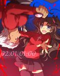  1girl archer bad_id bad_pixiv_id blue_eyes brown_hair dark_skin dark_skinned_male dated fate/stay_night fate_(series) long_hair sakura_(lilak_a) thighhighs toosaka_rin two_side_up upside-down white_hair zettai_ryouiki 