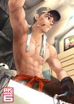  abs absurdres baymax big_hero_6 black_hair hat highres hiro_hamada male_focus mazjojo mouth_hold muscle photo_(object) screwdriver short_hair sweat tadashi_hamada 