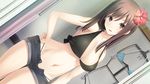  1girl bikini brown_eyes brown_hair flower game_cg haru_kiss hibiscus indoors long_hair mikoto_akemi shiraishi_aoi shorts solo swimsuit 