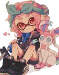  1girl black_footwear blue_bow blue_eyes blue_hairband bow bow_hairband bright_pupils closed_mouth commentary_request e-liter_4k_(splatoon) full_body gun hair_bow hairband heart highres holding holding_gun holding_weapon inkling_girl inkling_player_character looking_at_viewer love_ball medium_hair ochocho2828 pink_hair pointy_ears poke_ball pokemon pokemon_(creature) prehensile_ribbon red_eyes shoes simple_background sitting smile splatoon_(series) splatoon_3 sylveon tentacle_hair thick_eyebrows weapon white_background white_fur white_pupils 