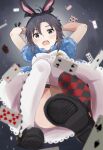  1girl :o alice_in_wonderland animal_ears antenna_hair argyle_socks arms_up asymmetrical_legwear black_footwear black_hair black_socks blue_dress blurry blurry_background blurry_foreground bottle breasts card cosplay depth_of_field dress falling from_below full_body gradient_background grey_background idolmaster idolmaster_(classic) kikuchi_makoto looking_at_viewer mary_janes medium_breasts mismatched_legwear mogskg open_mouth petticoat playing_card polka_dot polka_dot_dress puffy_short_sleeves puffy_sleeves rabbit_ears red_socks shoes short_hair short_sleeves shouting socks solo thighhighs two-tone_dress white_dress white_rabbit_(alice_in_wonderland) white_rabbit_(alice_in_wonderland)_(cosplay) white_thighhighs wrist_cuffs 