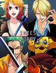  1girl 3boys bandage black_hair blonde_hair breasts cape cigarette cleavage dual_wielding earrings enies_lobby fire goggles green_hair jewelry mask mirage multiple_boys nami nami_(one_piece) one_piece orange_hair roronoa_zoro sanji smoking suit sword usopp weapon 