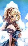  alice_margatroid blonde_hair blue_dress blue_eyes blue_sky cloud dress eredhen hairband highres looking_at_viewer puffy_short_sleeves puffy_sleeves sash shirt short_sleeves sky solo touhou 