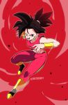  1girl abs absurdres armlet black_hair breasts dragon_ball dragon_ball_super earrings highres jewelry kefla_(dragon_ball) pants potara_earrings red_background saiyan shoes short_hair simple_background smile solo sottart spiked_hair 