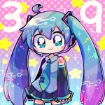  1girl 39 ahoge aqua_eyes aqua_necktie aqua_trim arm_tattoo black_skirt black_sleeves blue_background blue_hair chibi chromatic_aberration collared_shirt commentary detached_sleeves gradient_background gradient_hair grey_shirt hair_between_eyes hatsune_miku long_hair long_sleeves looking_at_viewer multicolored_hair necktie number_tattoo outline pepoyo pink_background polka_dot polka_dot_background purple_hair shirt skirt sleeveless sleeveless_shirt sleeves_past_wrists smile solo tattoo thighhighs twintails vocaloid white_outline 