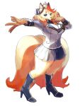  1girl :3 animal_ears animal_nose arms_up black_footwear blonde_hair body_fur boots breasts brown_fur buttons chaba_ga_oishii closed_mouth collared_shirt commentary_request ear_ornament fox_ears fox_girl fox_tail full_body furry furry_female grey_jacket grey_skirt hakumen_(housamo) hand_to_own_mouth happy high_heels highres jacket knee_boots large_breasts large_tail long_sleeves medium_hair miniskirt multicolored_hair multiple_tails orange_hair outstretched_arm partial_commentary pleated_skirt pocket red_hair school_uniform shirt simple_background skirt smile snout solo standing tail thick_thighs thighs tokyo_afterschool_summoners two-tone_fur white_background white_shirt yellow_fur 