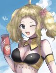  1girl ;d alternate_costume alternate_hairstyle bikini blonde_hair breasts cleavage detached_collar fire_emblem fire_emblem_fates grey_eyes highres juice leon0630claude looking_at_viewer medium_breasts one_eye_closed open_mouth ophelia_(fire_emblem) short_bangs smile solo swimsuit tomato_juice twintails 