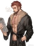  1boy abs adling bara beard cowboy_shot facial_hair fate/zero fate_(series) full_beard holding holding_newspaper iskandar_(fate) large_pectorals male_focus mature_male muscular muscular_male navel navel_hair newspaper pectoral_cleavage pectorals reading red_eyes short_hair smoking solo standing stomach thick_eyebrows 
