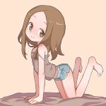  1girl absurdres all_fours bare_arms bare_legs bare_shoulders barefoot bed_sheet blue_shorts brown_camisole brown_eyes brown_hair camisole closed_mouth dolphin_shorts flat_chest forehead from_side full_body highres karakai_jouzu_no_takagi-san looking_at_viewer looking_to_the_side medium_hair midriff_peek orenji_(wholesomeorenji) short_shorts shorts simple_background smile solo spaghetti_strap strap_slip takagi-san tareme 