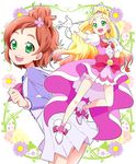  alternate_eye_color blonde_hair bow choker cure_flora dual_persona earrings flower frilled_skirt frills gloves go!_princess_precure green_eyes hair_ornament half_updo haruno_haruka highres jewelry long_hair looking_at_viewer magical_girl multicolored_hair multiple_girls n_hirune noble_academy_school_uniform open_mouth outstretched_arm pink_hair pink_skirt precure puffy_sleeves red_hair ribbon school_uniform short_hair skirt smile streaked_hair time_paradox two-tone_hair wavy_hair white_skirt 