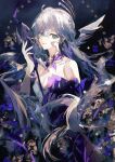  1girl bare_shoulders breasts cleavage closed_mouth collarbone d-aprken detached_collar dot_nose dress green_eyes grey_hair hair_between_eyes halo head_wings highres holding honkai:_star_rail honkai_(series) large_breasts long_hair looking_at_viewer mini_wings purple_dress red_lips robin_(honkai:_star_rail) sidelocks sleeveless sleeveless_dress smile solo upper_body wings 