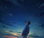  1boy black_hair blue_sky cigarette closed_eyes cowboy_shot from_side hand_in_pocket male_focus mito_youhei nongnol234 pompadour profile sky sky_focus slam_dunk_(series) smoking solo star_(sky) starry_sky sunset 