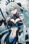  1girl blue_eyes breasts clothing_cutout fate/grand_order fate_(series) grey_hair highres holding holding_staff large_breasts long_hair morgan_le_fay_(fate) navel ponytail staff stomach_cutout tiara toyosu very_long_hair 