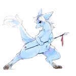 aishasoup ambiguous_gender anthro blue_body blue_fur crotch_tuft dirty_fur dragon fur furred_dragon hair hi_res melee_weapon messy_fur mythological_creature mythological_scalie mythology polearm pose red_eyes scalie simple_background solo spear tuft unknown_species weapon white_background white_hair