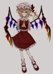  1girl absurdres arms_behind_back ascot blonde_hair crystal_wings dress flandre_scarlet frills full_body hat hat_ribbon highres mary_janes mob_cap red_dress red_eyes red_ribbon ribbon shoes side_ponytail simple_background smile solo touhou user_nkew3788 white_background yellow_ascot 