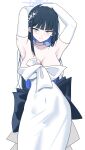  1girl armpits black_hair blue_archive blue_eyes blush breasts choker closed_mouth collarbone dress earrings elbow_gloves gloves highres jewelry large_breasts long_hair official_alternate_costume sakurein saori_(blue_archive) saori_(dress)_(blue_archive) simple_background solo white_background white_choker white_dress white_gloves 