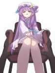  1girl absurdres aqua_bow blush bow chair commentary_request crescent crescent_hat_ornament dress dress_tug hair_bow hat hat_ornament highres long_hair looking_at_viewer mob_cap norichiizu on_chair open_mouth patchouli_knowledge purple_bow purple_hair sitting solo touhou very_long_hair 