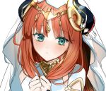  1girl :&lt; absurdres aqua_eyes blush closed_mouth commentary_request crop_top fake_horns genshin_impact gold_trim highres horns kumo_tabetai looking_at_viewer nilou_(genshin_impact) parted_bangs red_hair simple_background sketch solo upper_body white_background white_headwear 